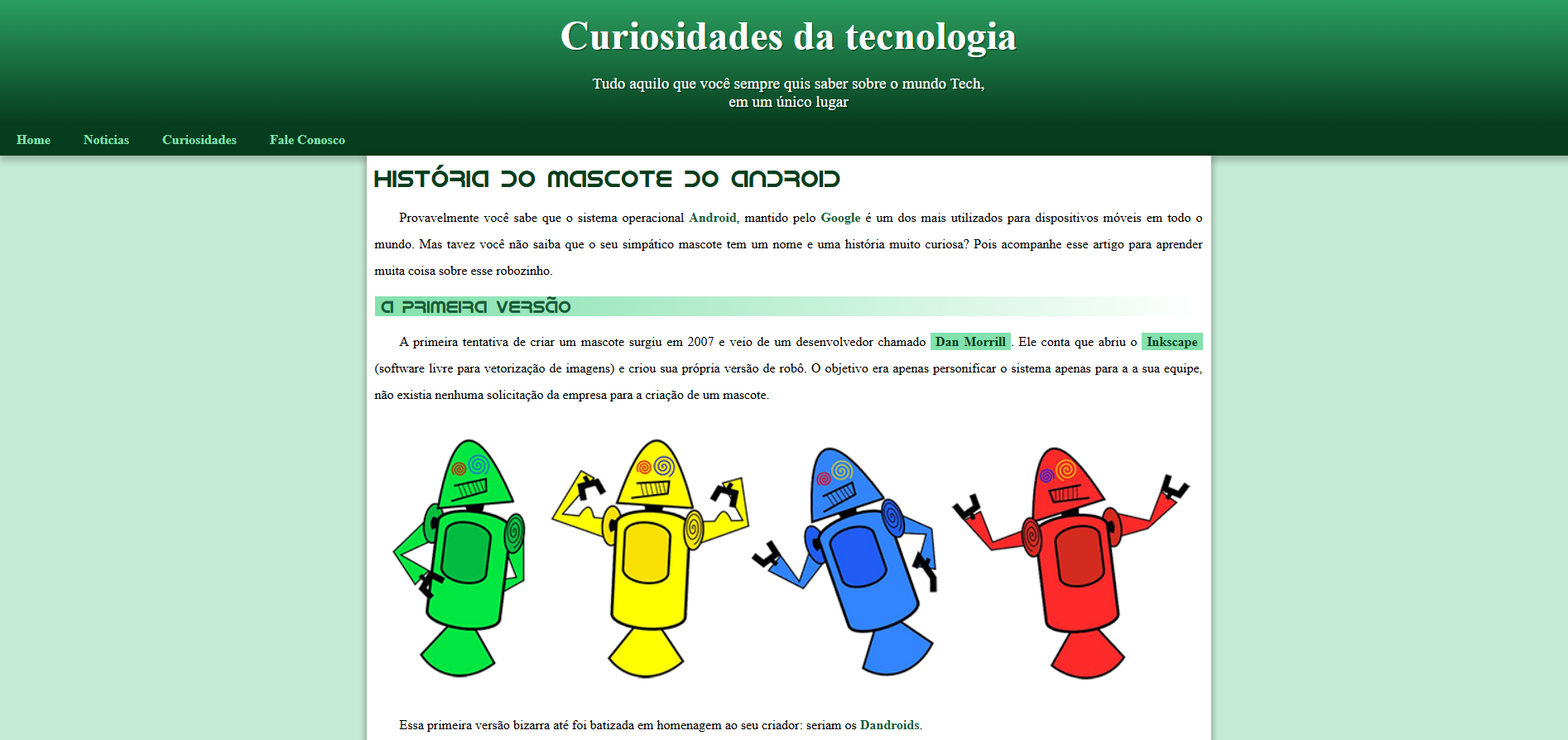 Site que conta sobre a história do sistema operacional Android